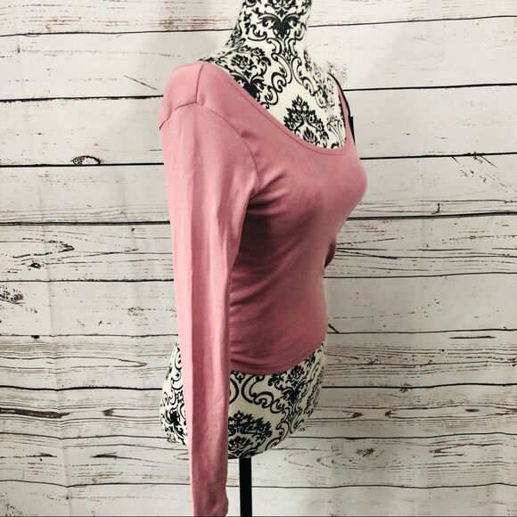 Chaser Cropped Wide Neck Long Sleeve Cotton T-Shirt Stretchy Fitted Pink XS - Picture 4 of 7